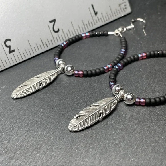 Black And Silver Feather Charms Beaded Hoop Earrings - Picture 11 of 12